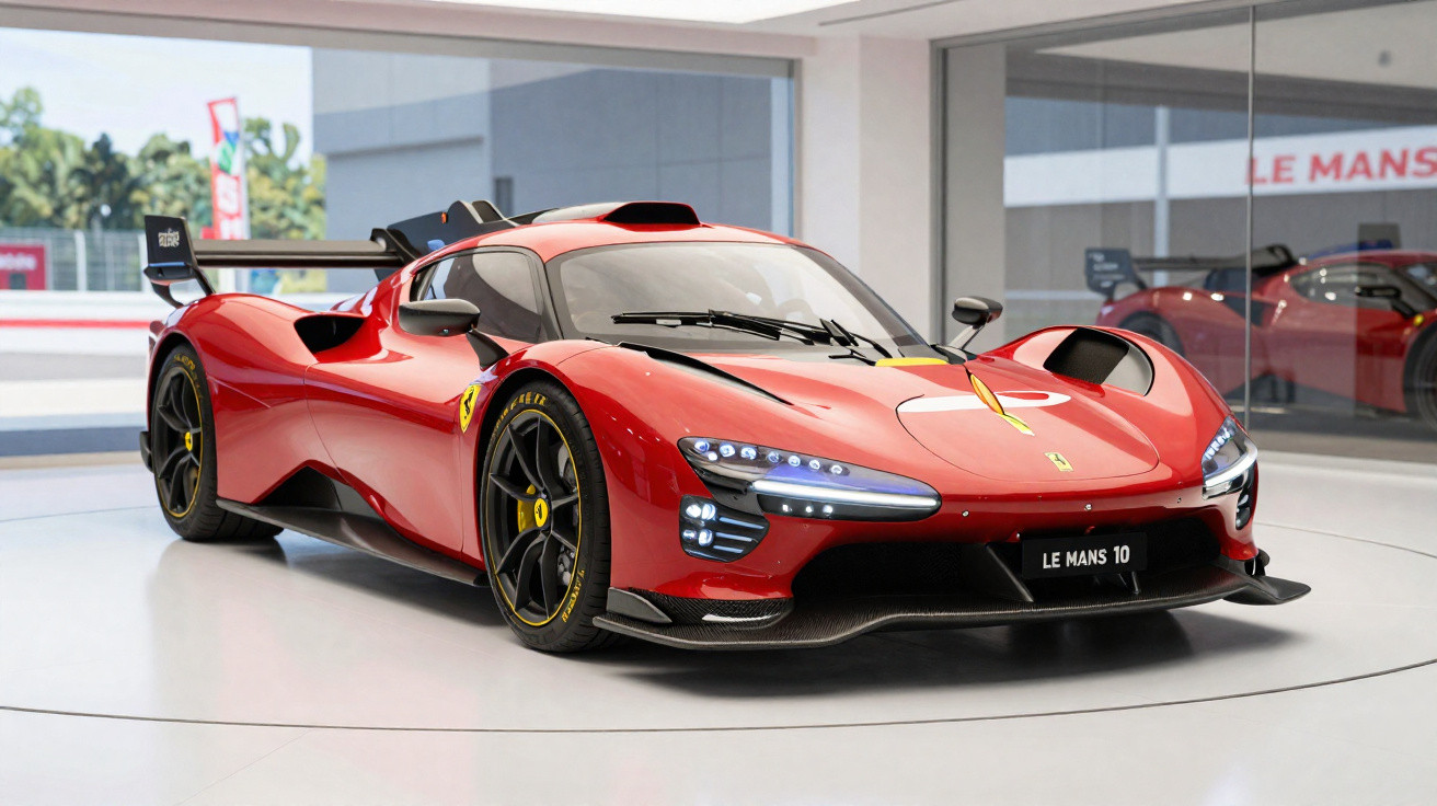 Carro esportivo vermelho Ferrari Le Mans 10 exposto em ambiente interno com piso branco.