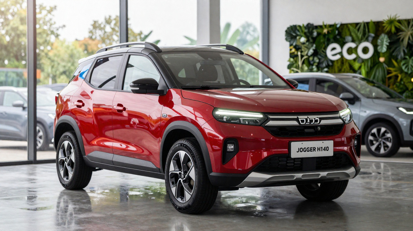 SUV vermelho Jogger H140 exibido em showroom com parede verde e placa eco ao fundo.