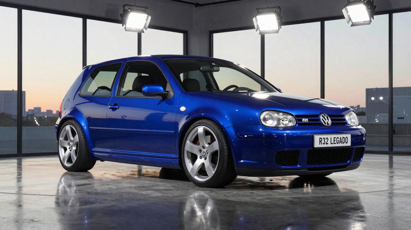 Carro Volkswagen Golf R32 azul estacionado em sala com janelas amplas e iluminação artificial.