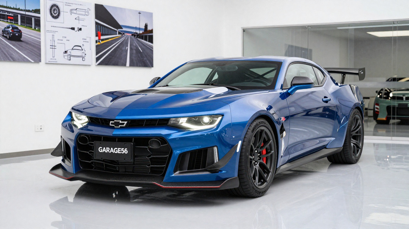 Carro esportivo azul Chevrolet Camaro com aerofólio preto em garagem branca e piso brilhante.
