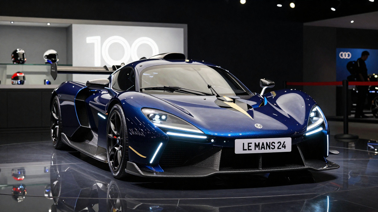 Carro esportivo azul Le Mans 24 com faróis acesos exibido em salão automotivo moderno.