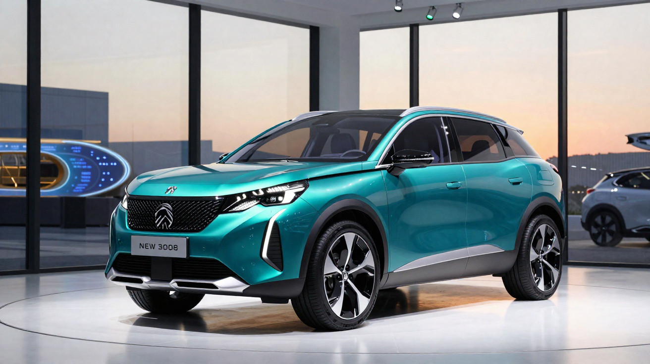 Carro SUV Peugeot New 3008 azul exibido em ambiente interno moderno com janelas amplas ao pôr do sol.
