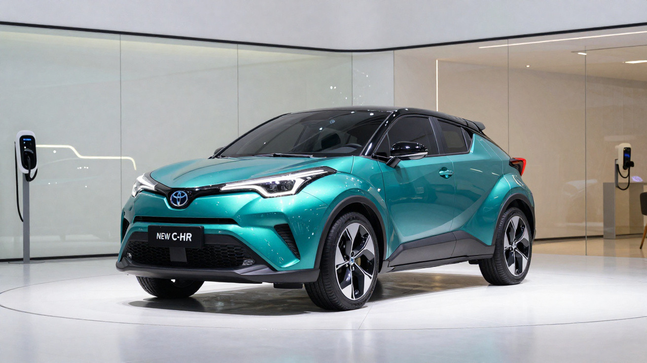 Carro elétrico Toyota C-HR azul expositor em showroom moderno com estação de recarga.