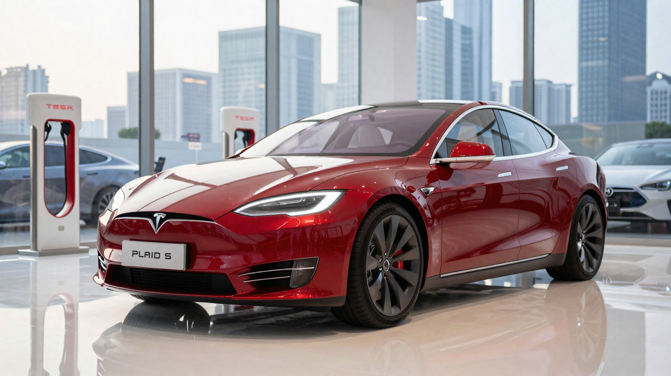 Carro elétrico Tesla Model S Plaid vermelho em exposição interna com prédios visíveis ao fundo.