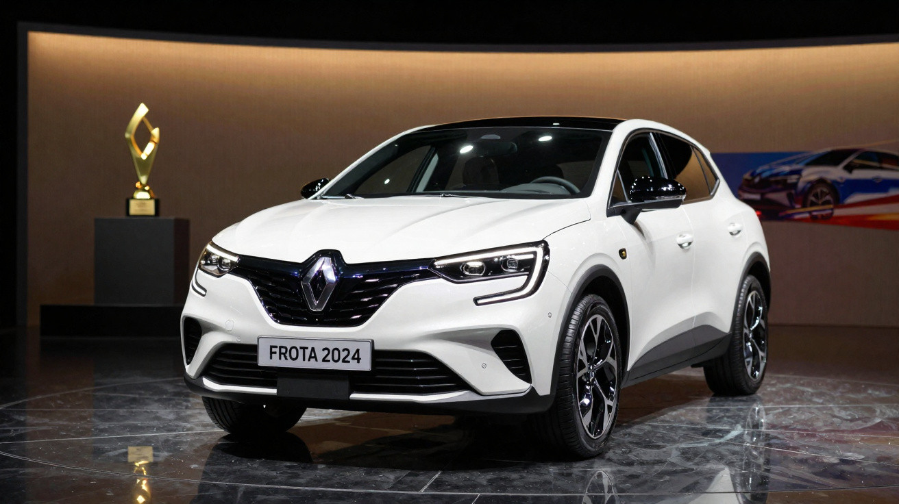 Carro Renault branco modelo 2024 em exposição, com troféu dourado ao fundo.