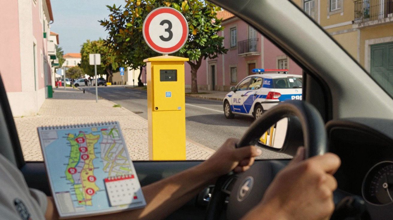 Motorista segurando volante com mapa, indo em rua com placa de velocidade 3 e viatura policial estacionada.
