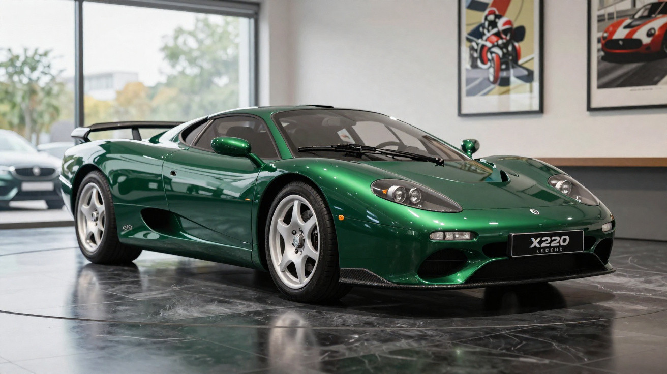 Carro esportivo verde metálico modelo X220 exposto em ambiente interno com piso de mármore.