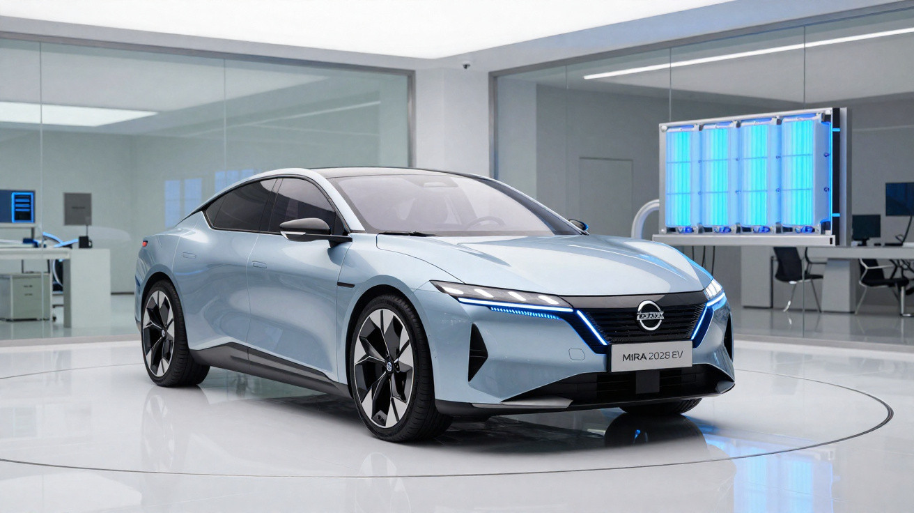 Carro elétrico Nissan MIRA 2028 EV cinza em ambiente moderno de showroom com iluminação azul.