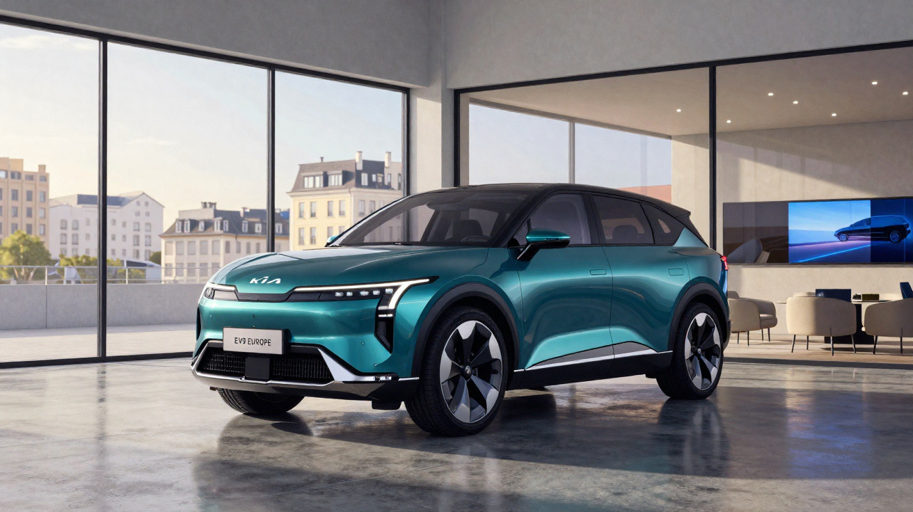 Carro elétrico Kia EV6 EV RWD de cor verde em showroom moderno com parede de vidro e vista urbana ao fundo.