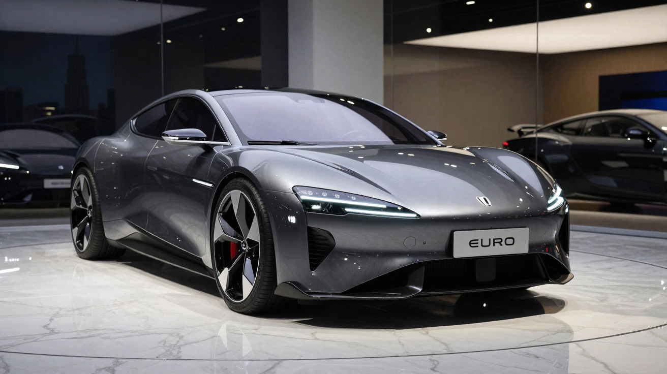 Carro esportivo elétrico cinza em exibição com acabamento moderno e luzes dianteiras acesas em showroom.