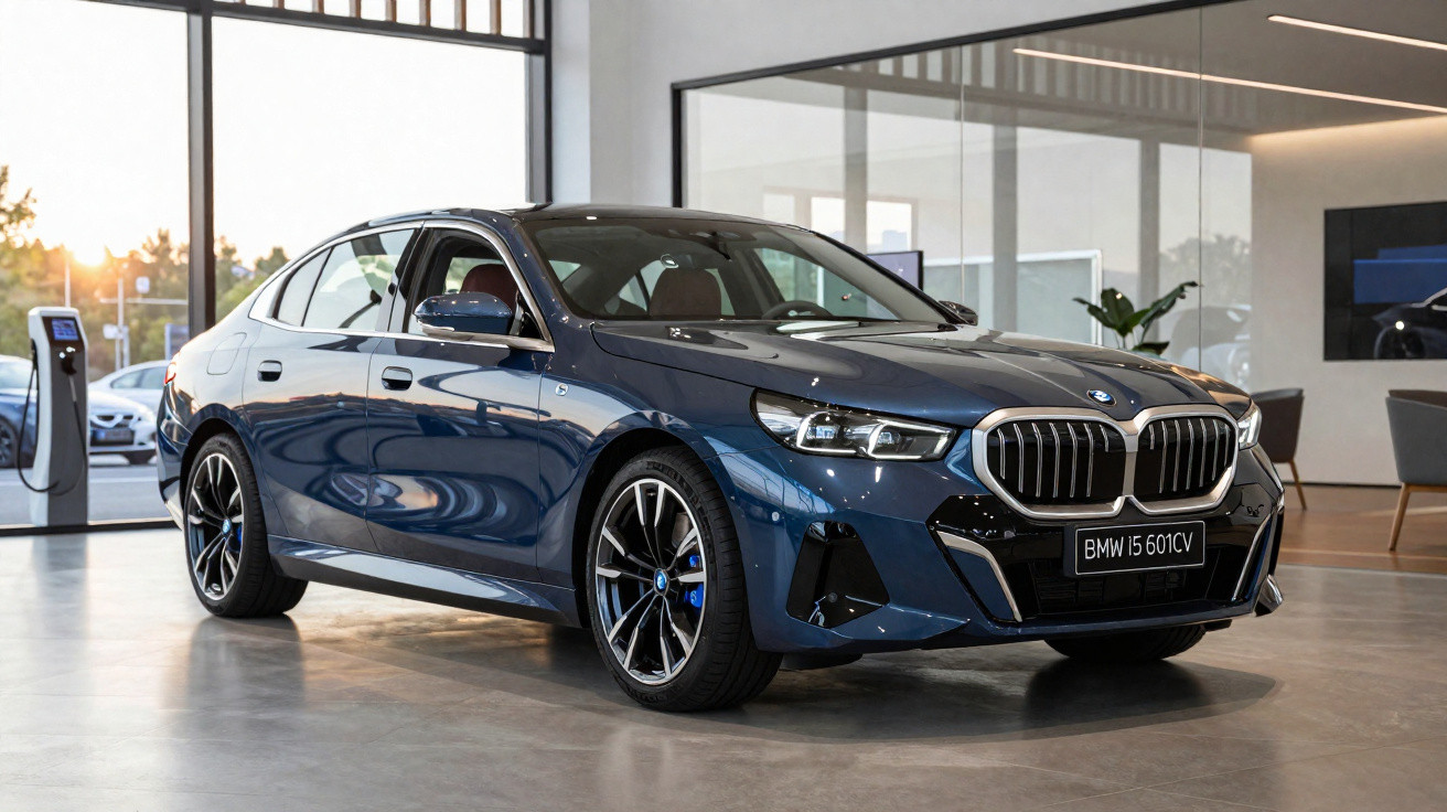Carro BMW i5 601CV azul estacionado em showroom moderno com luz natural entrando pelas janelas grandes.