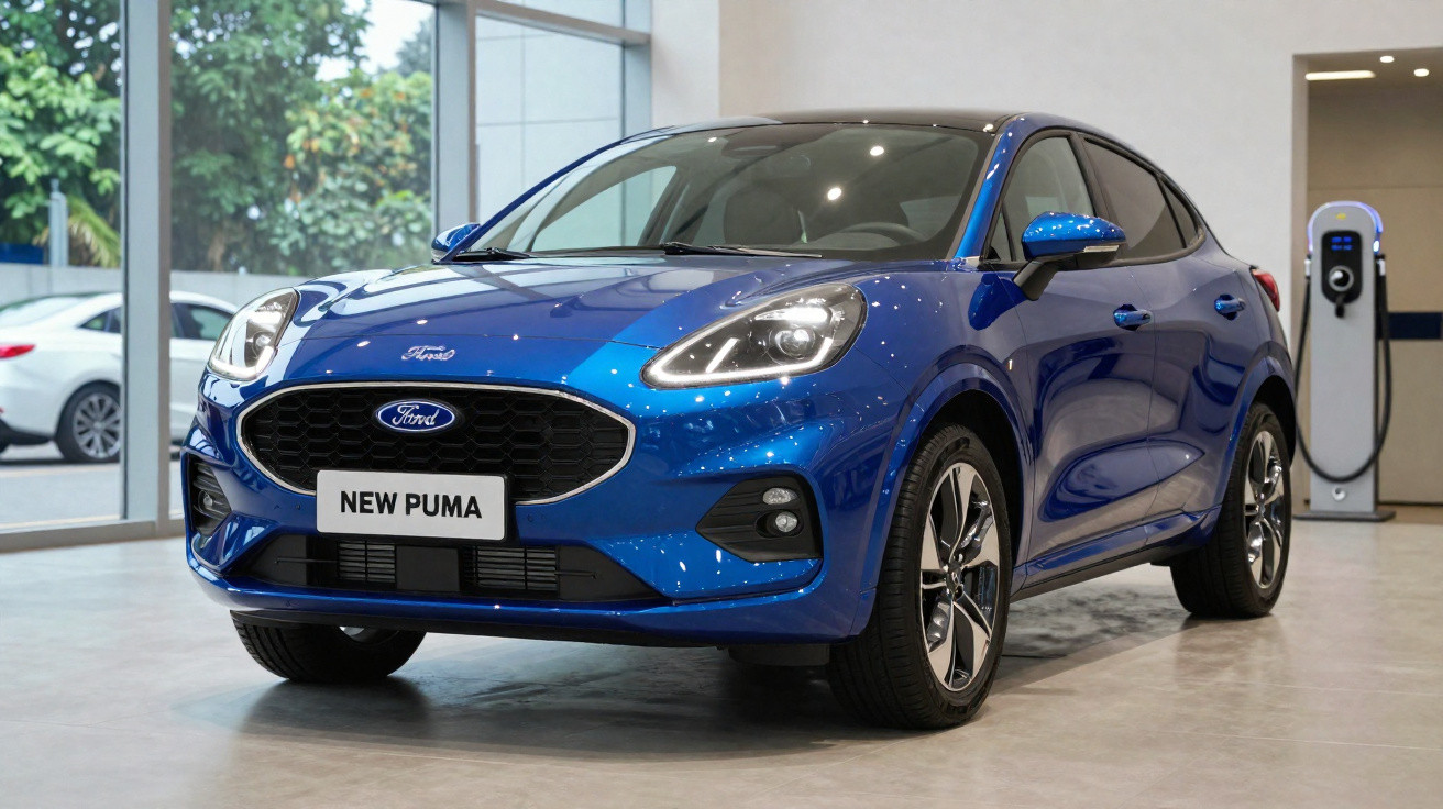 Carro azul Ford New Puma estacionado em showroom moderno com parede de vidro e carregador elétrico.