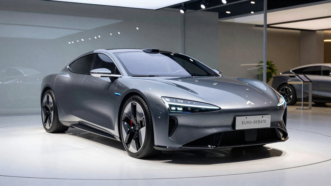 Carro esportivo elétrico cinza com design aerodinâmico exibido em ambiente moderno e iluminado.