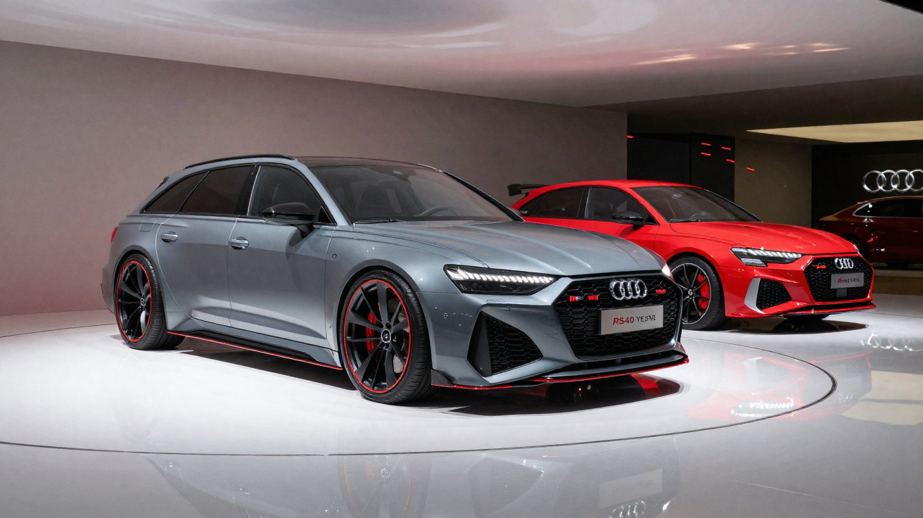 Dois carros Audi RS, um cinza e um vermelho, exibidos em plataforma circular em ambiente interno moderno.