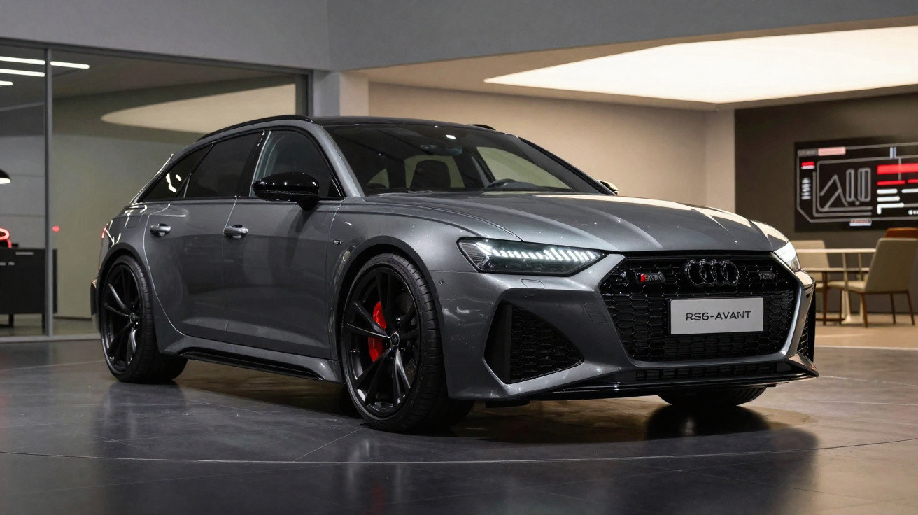 Audi RS6 Avant cinza estacionado em ambiente interno moderno com iluminação suave.