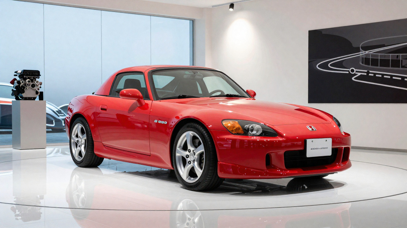 Carro esportivo vermelho Honda S2000 em exposição em salão moderno com motor em pedestal ao fundo.