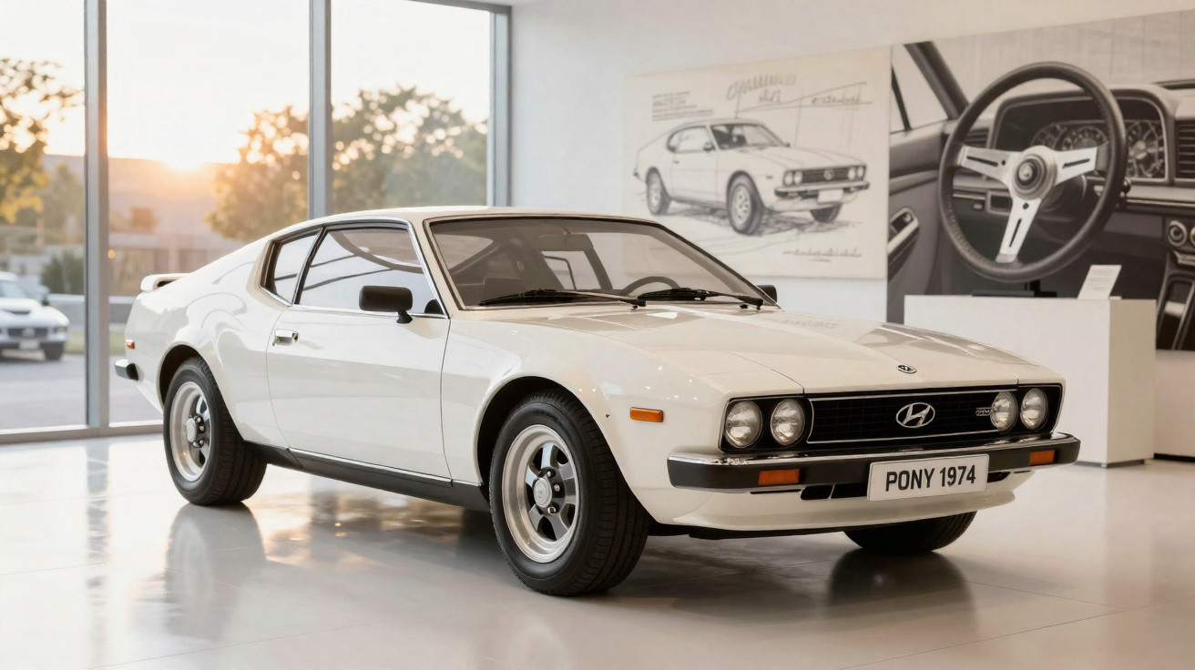 Carro clássico branco Hyundai Pony 1974 em exposição dentro de museu iluminado pelo pôr do sol.
