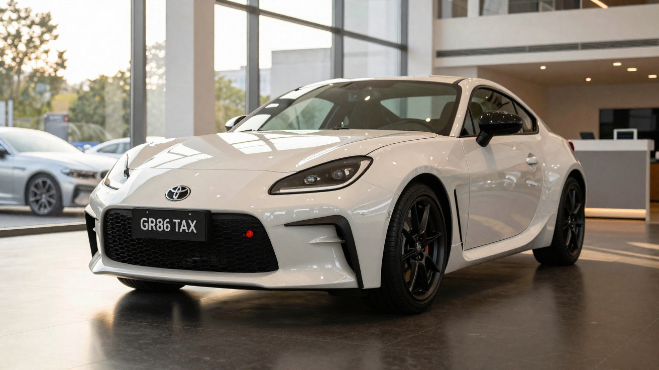 Carro esportivo branco Toyota GR86 em showroom com rodas pretas e luz natural.
