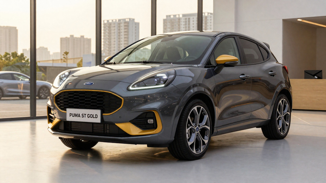 Carro cinza Ford Puma ST Gold em exposição dentro de showroom moderno com detalhes dourados.