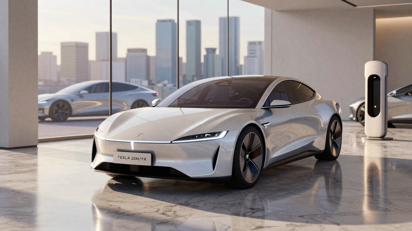 Carro elétrico Tesla branco estacionado em showroom moderno com vista para a cidade ao fundo.