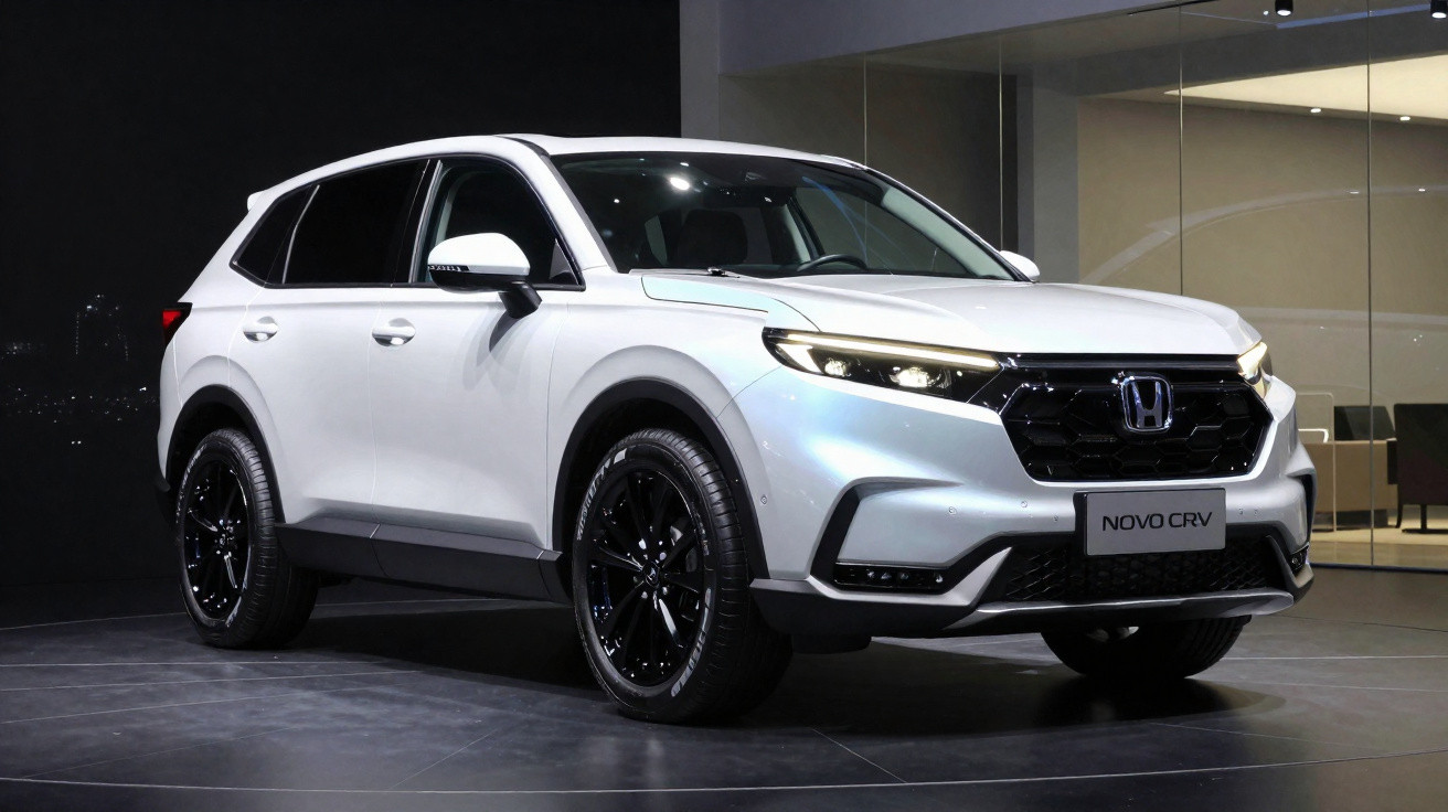 SUV branco Honda Novo CR-V em exposição com rodas pretas e luzes ligadas, em ambiente interno.