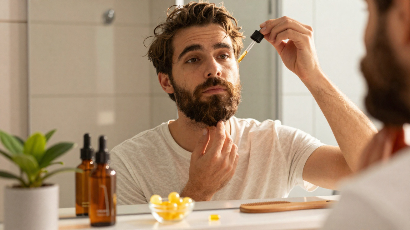 Homem aplicando óleo na barba em frente ao espelho no banheiro, com frascos e planta na bancada.