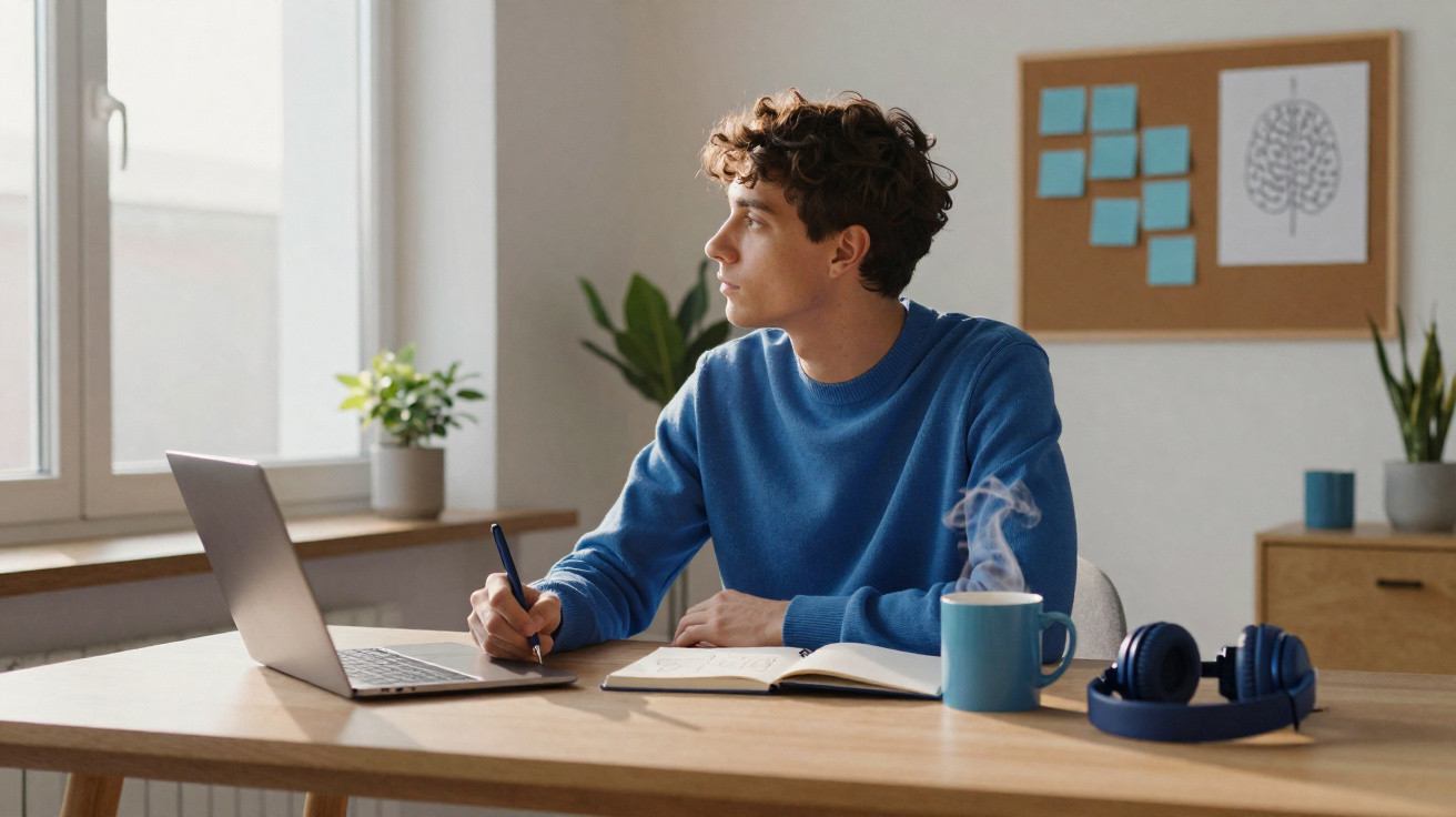 Jovem pensativo com camiseta azul trabalhando em mesa com notebook, caderno, caneca de café e fones de ouvido.