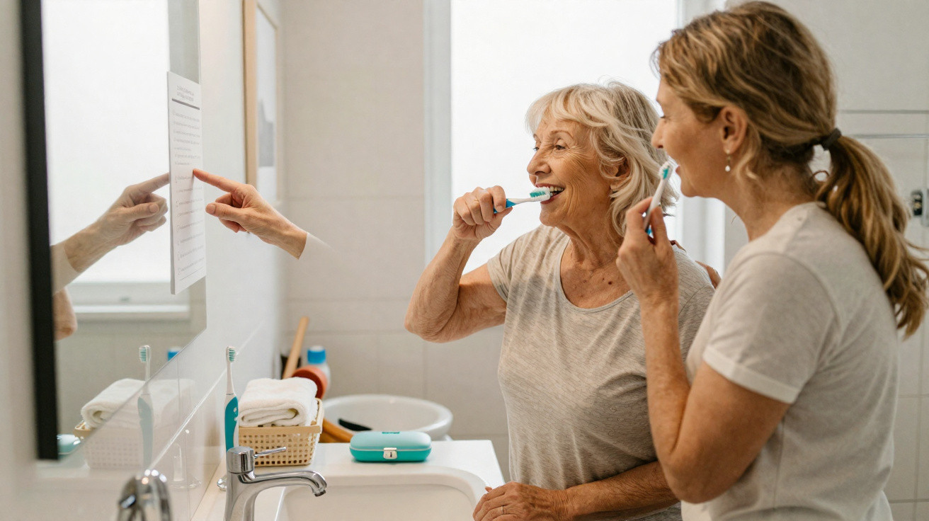 Duas mulheres, uma idosa e uma adulta, escovando os dentes juntas diante do espelho no banheiro.