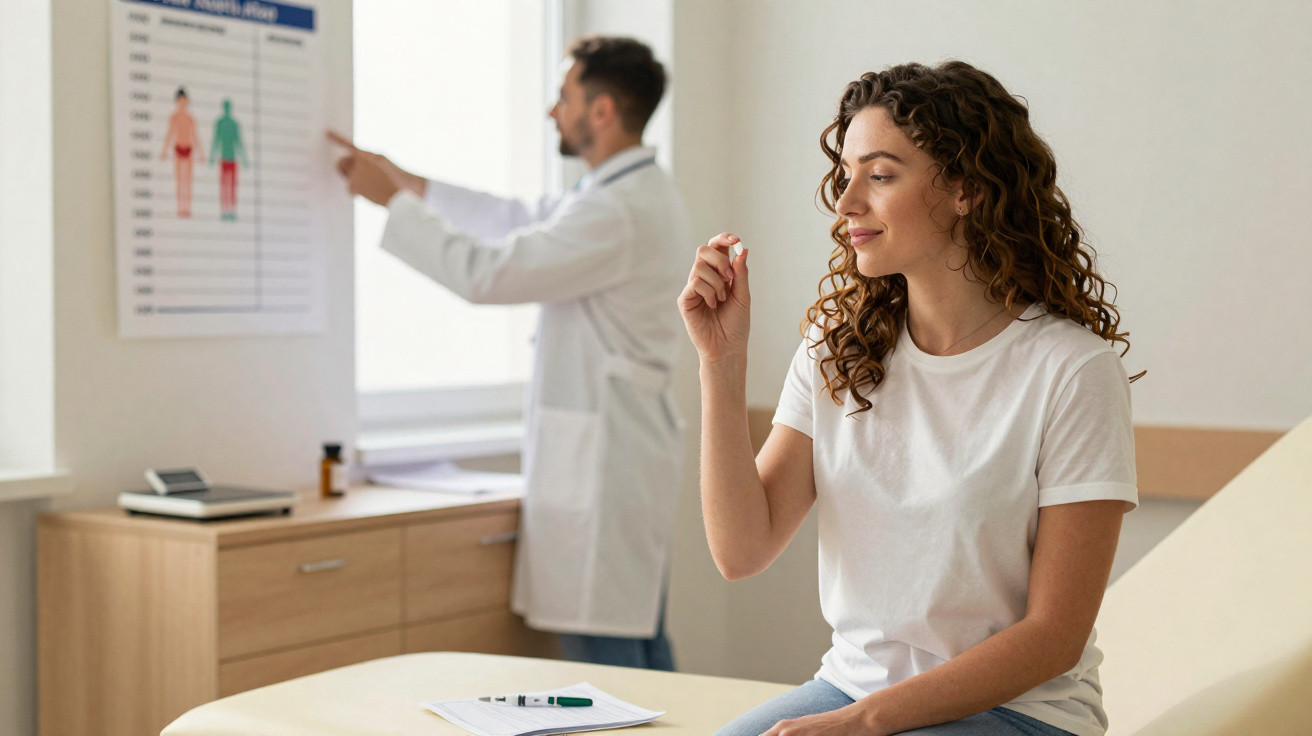 Mulher jovem sentada examinando comprimido, médico ao fundo explicando tabela de peso ideal em consultório.