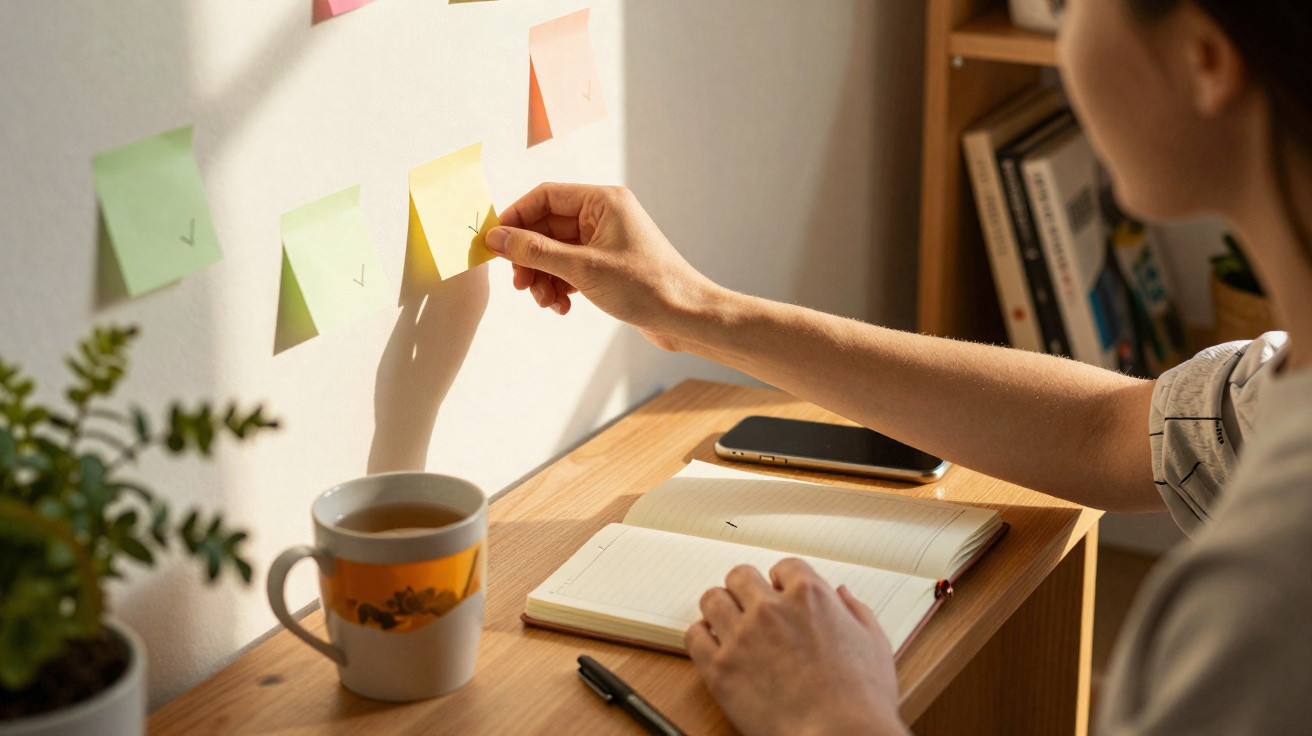 Pessoa trabalhando com post-its coloridos em uma parede, com caderno, caneta e café em uma mesa de madeira.