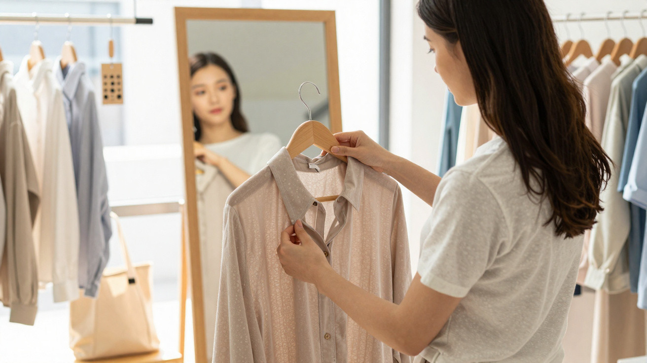 Mulher segurando camisa em cabide enquanto se observa no espelho em loja de roupas.