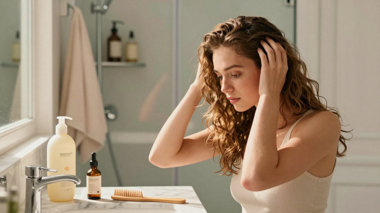 Mulher com cabelo cacheado sobe as mãos na cabeça em frente à pia de banheiro com produtos de cuidados pessoais.