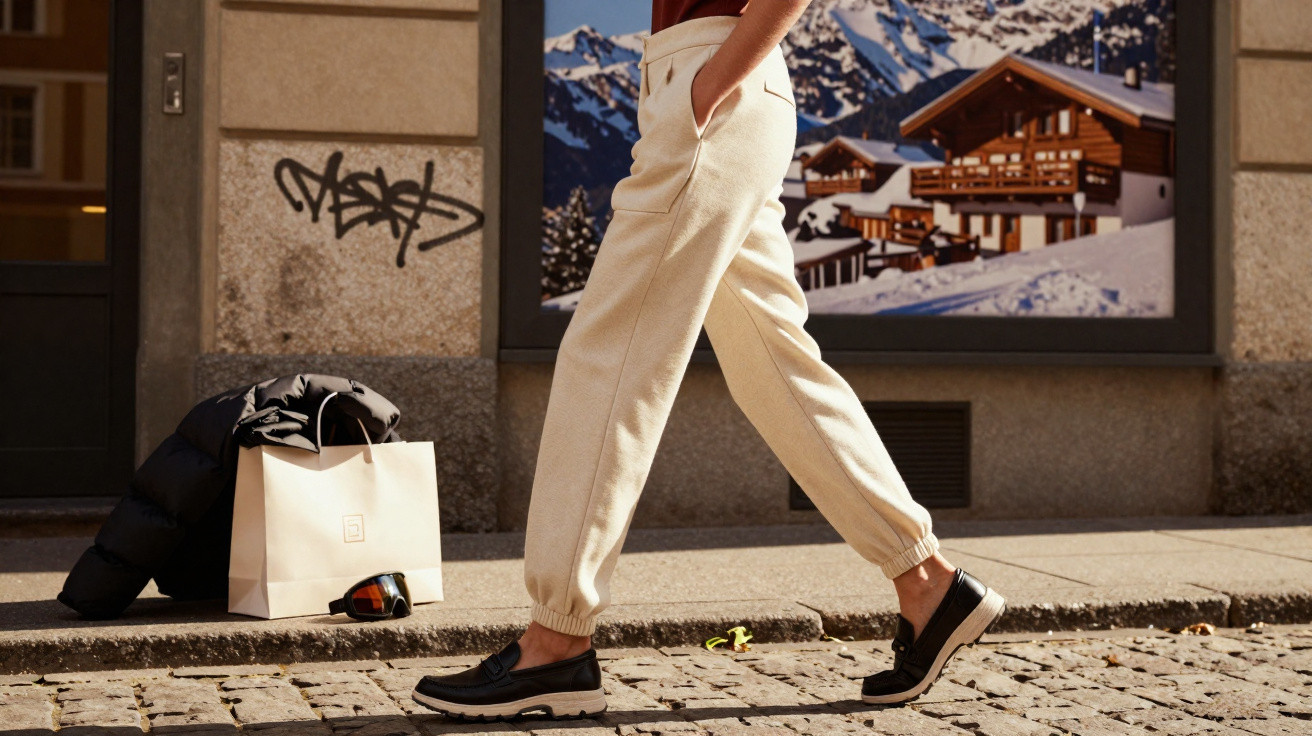 Pessoa caminhando na rua com calça bege, sapato preto e saco branco ao lado.