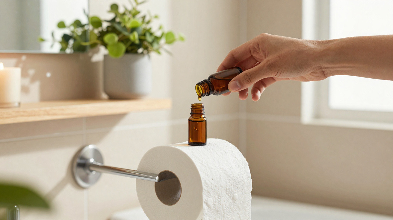 Mão derramando óleo essencial em um pequeno frasco sobre um rolo de papel higiênico no banheiro.