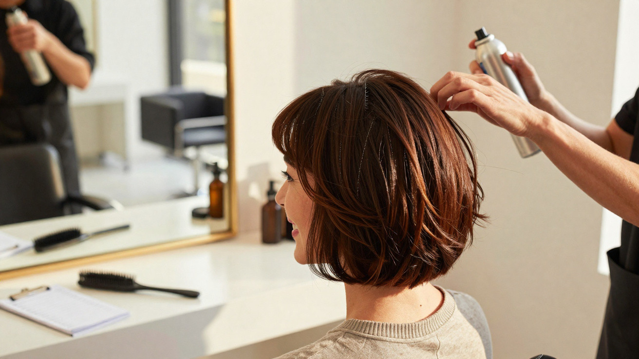 Pessoa sentada com cabelo curto enquanto cabeleireiro aplica spray em salão de beleza.