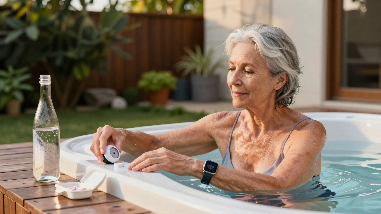 Mulher idosa de cabelos grisalhos relaxando em piscina de hidromassagem ao ar livre durante o dia.