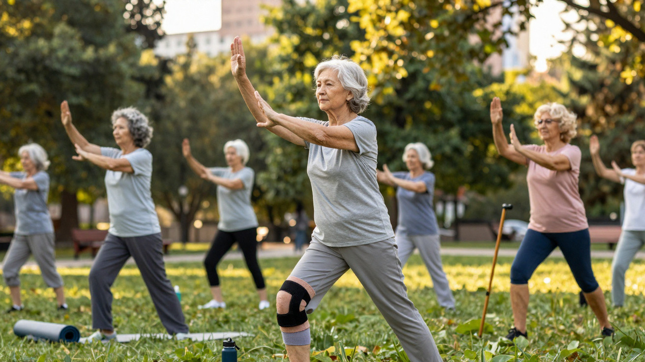 Grupo de mulheres idosas praticando tai chi ao ar livre em parque com roupas esportivas.