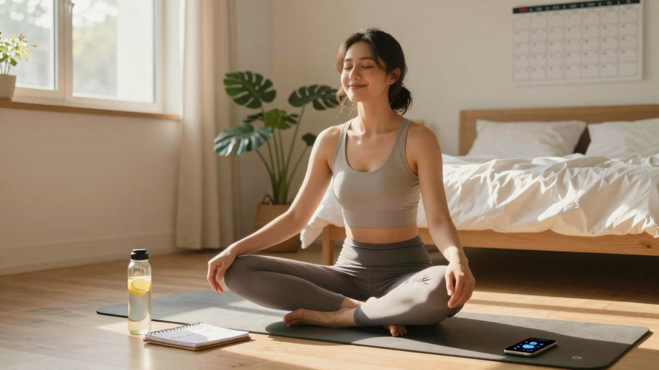 Mulher jovem meditando em posição de lótus em tapete de yoga com garrafa, caderno e celular ao lado.