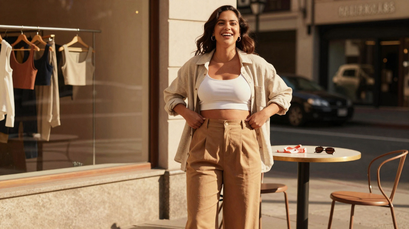Mulher sorridente vestindo blusa branca e calça bege em área externa ensolarada próxima a vitrine de loja.