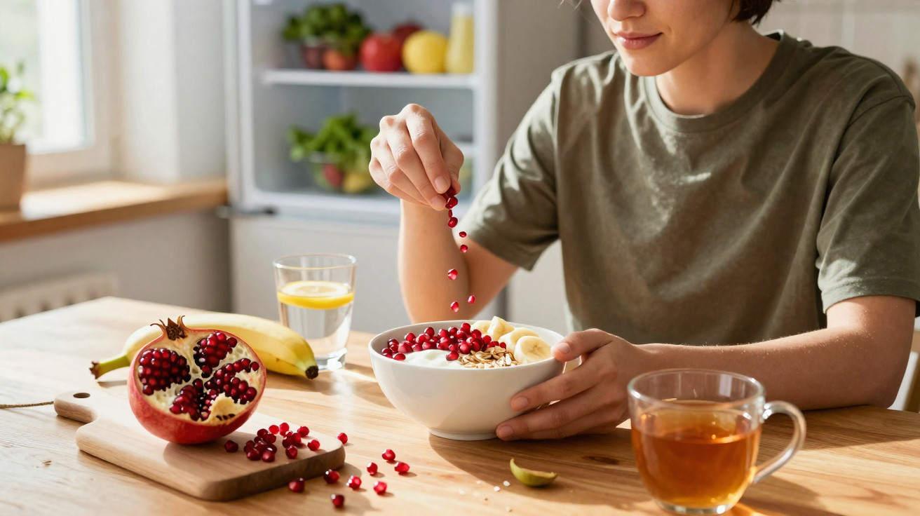 Pessoa colocando sementes de romã em bowl com frutas e iogurte na cozinha iluminada pela janela.