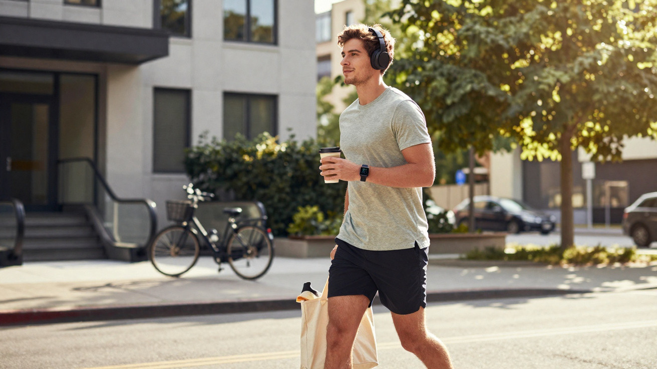 Homem jovem caminhando na cidade com fones, camiseta cinza, shorts pretos e segurando café e sacola.