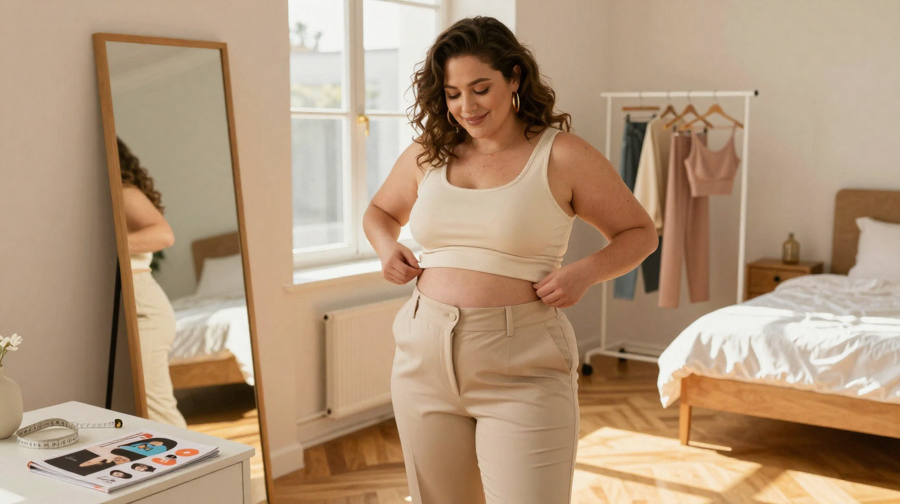 Mulher sorrindo experimenta calça bege em quarto claro com cama, espelho e cabideiro com roupas.