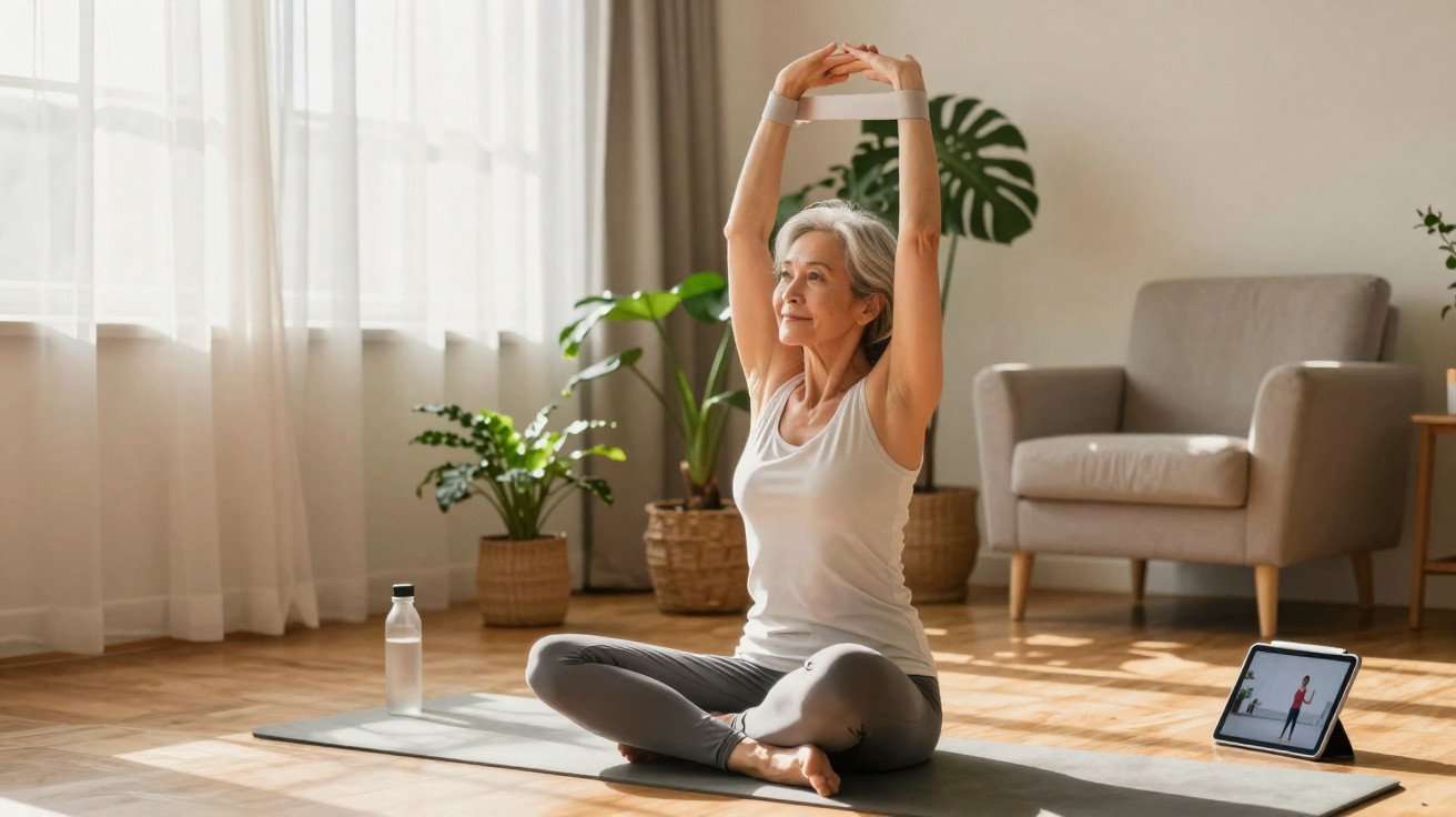 Mulher madura fazendo alongamento sentada no tapete de yoga em sala iluminada e com plantas.