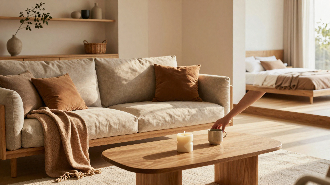 Sala de estar minimalista com sofá bege, almofadas marrons, manta, mesa de madeira e vela acesa.