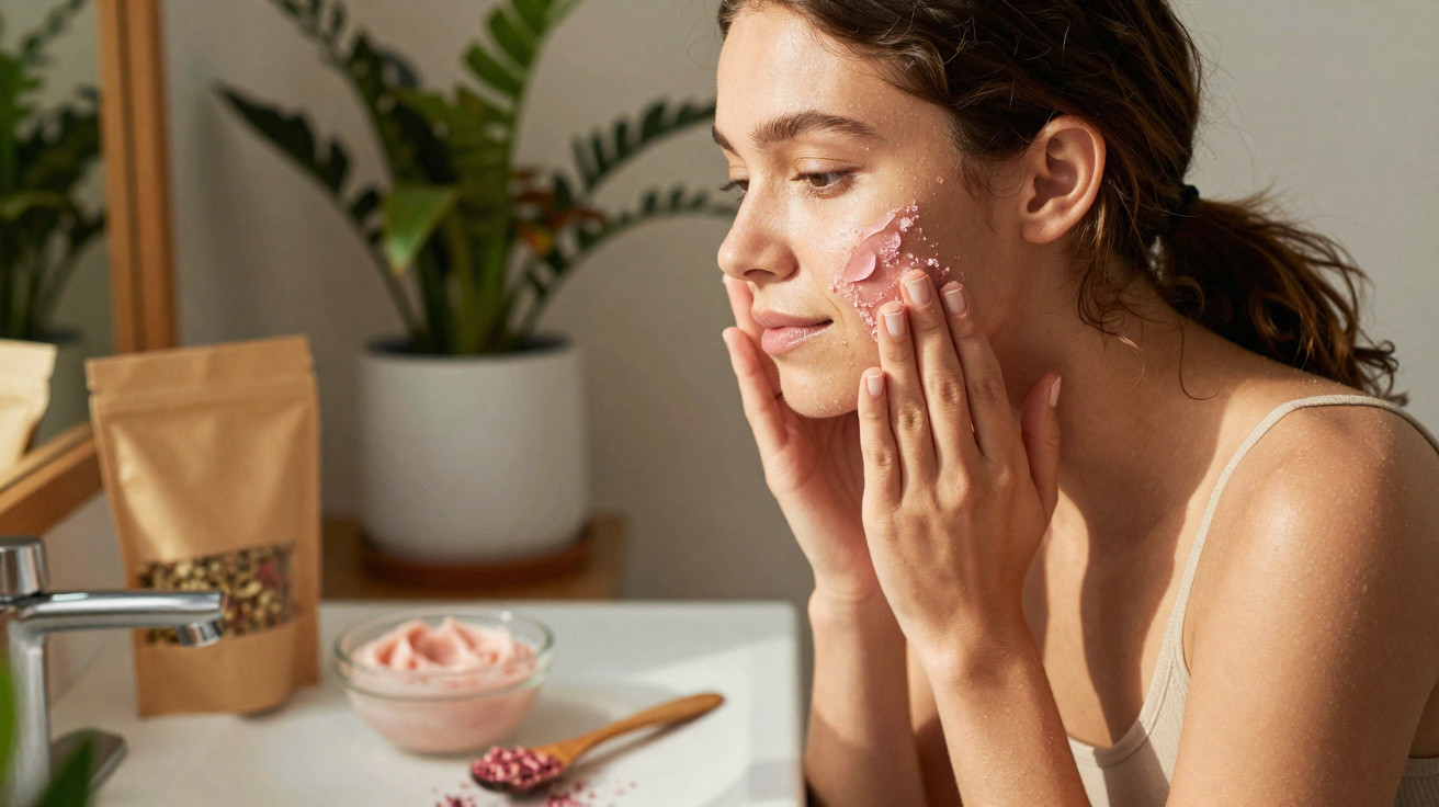 Mulher aplicando esfoliante facial rosa no rosto em ambiente iluminado com plantas ao fundo.
