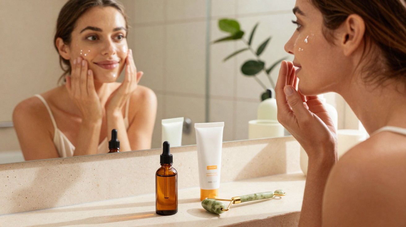Mulher aplicando creme facial com pontos de produto no rosto em frente ao espelho no banheiro.