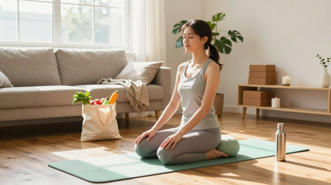 Mulher meditando sentada em posição de joelhos sobre tapete verde em sala iluminada.