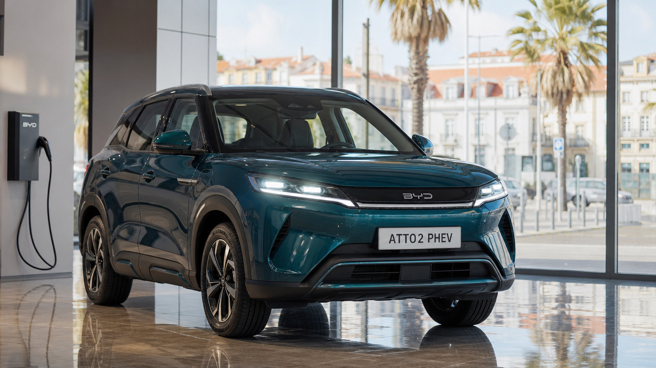 Carro elétrico BYD ATTO2 PHEV azul em showroom com parede de vidro e estação de recarga.