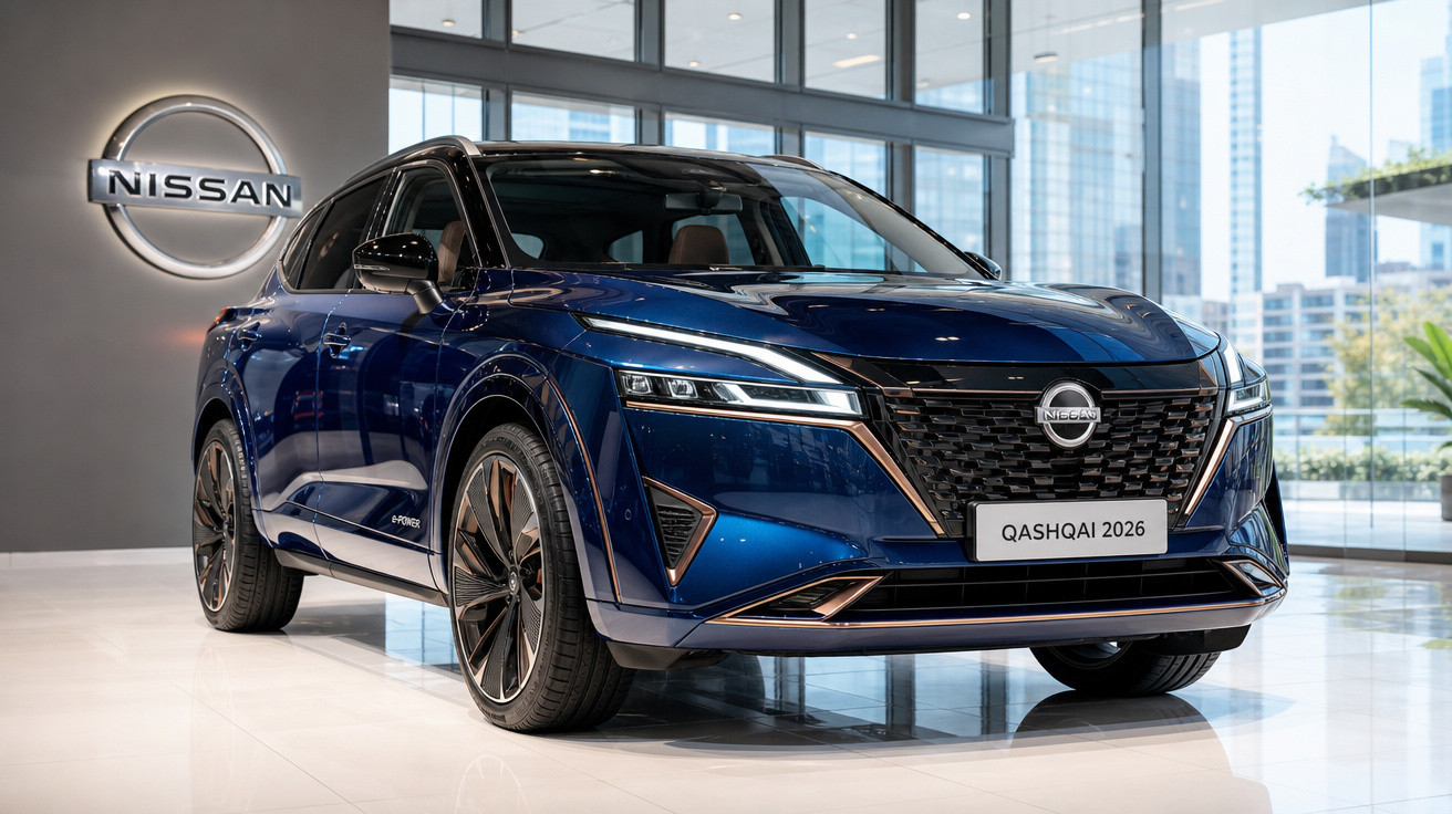 SUV Nissan Qashqai 2026 azul exibido em showroom moderno com iluminação natural.