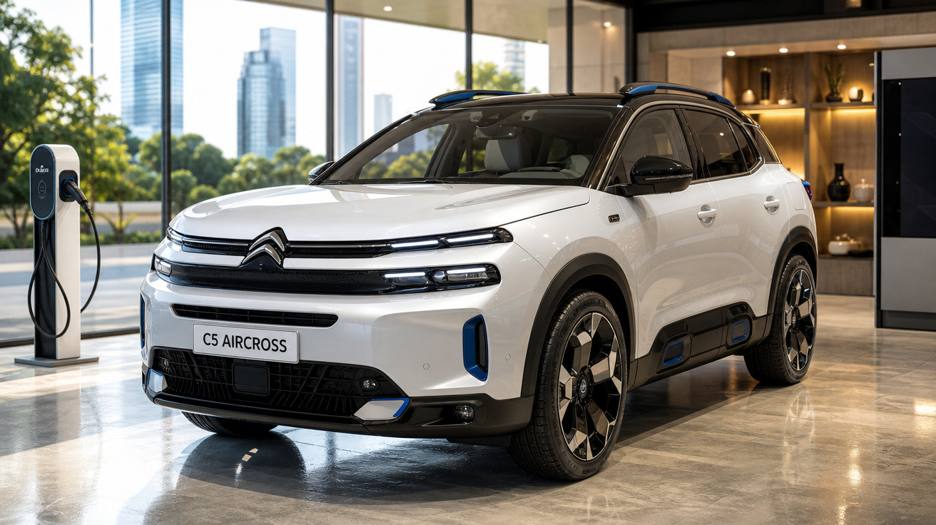 Carro elétrico Citroën C5 Aircross branco em showroom moderno com estação de recarga ao lado.